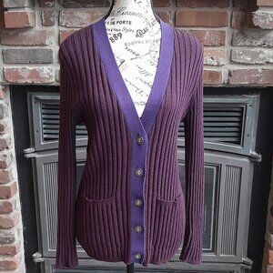 Tory Burch Cardigan Ribbed Burgundy with Purple Trim